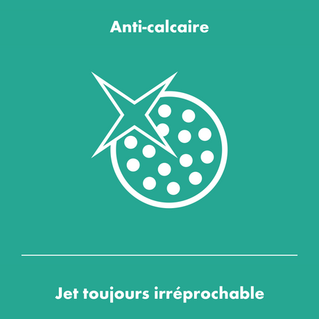 Icône anti-calcaire pour pommeau de douche, marque non spécifiée, couleur vert turquoise.