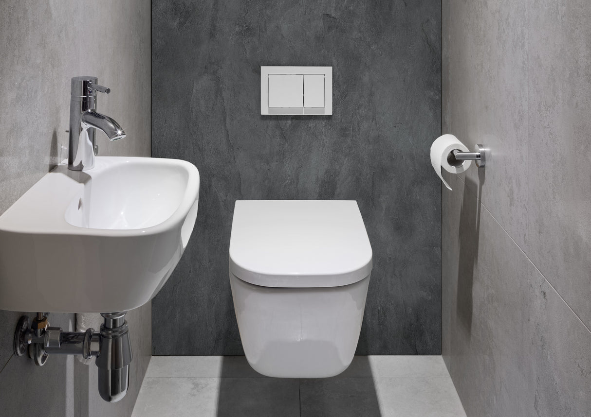 Toilette suspendue blanche ViPanel, marque Niche, avec lave-mains, coloris gris et blanc.