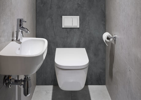 Toilette suspendue blanche ViPanel, marque Niche, avec lave-mains, coloris gris et blanc.